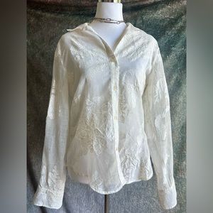 Vintage John Paul Richard Sheer Linen Floral Embroidered Button Down Blouse Boho